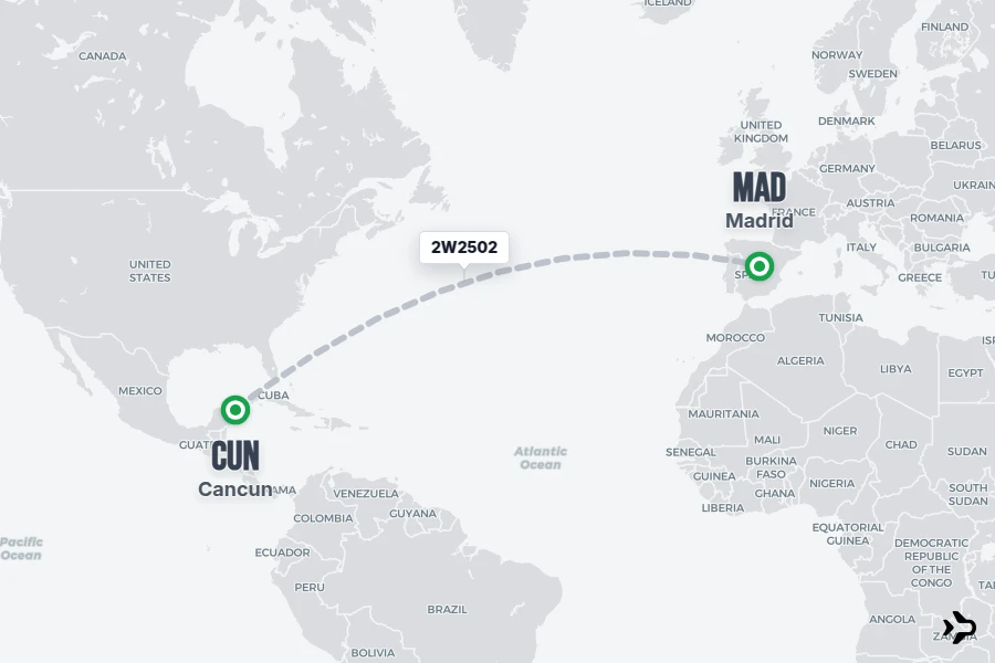 2W2502 flight map from CUN to MAD