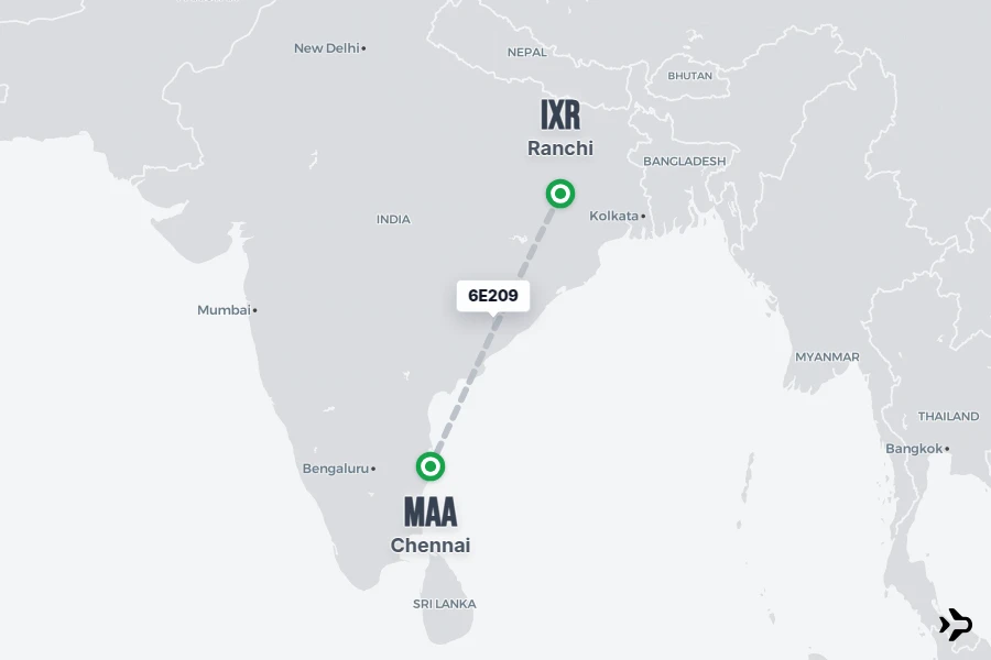6E209 flight map from IXR to MAA