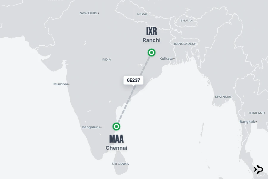 6E237 flight map from IXR to MAA