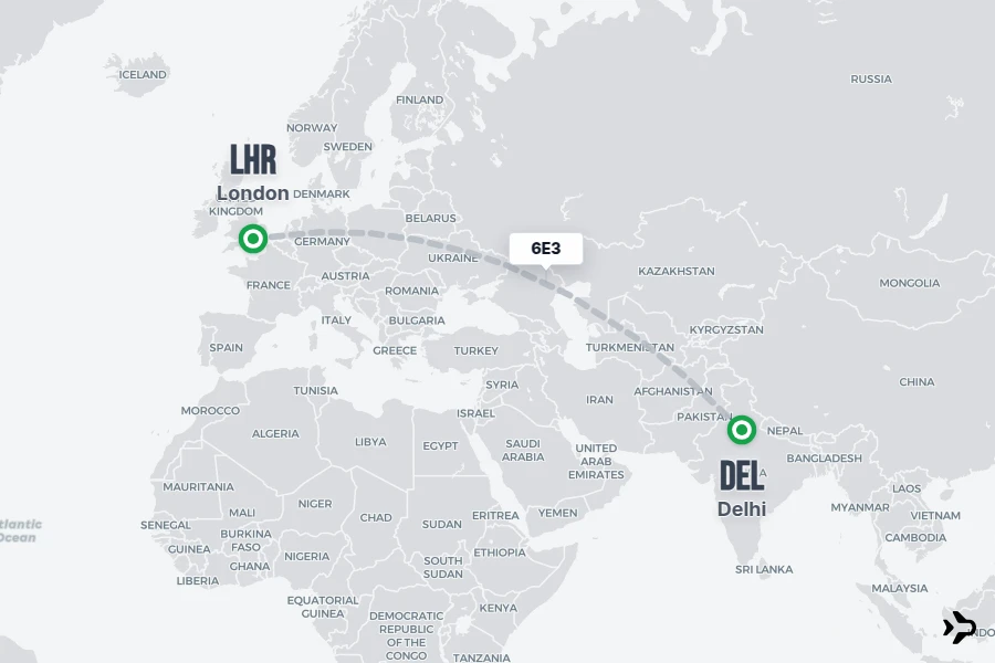 6E3 flight map from DEL to LHR