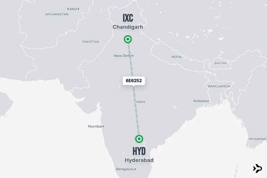 6E6252 flight map from HYD to IXC