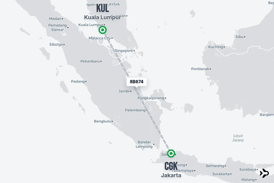 8B674 flight map from KUL to CGK