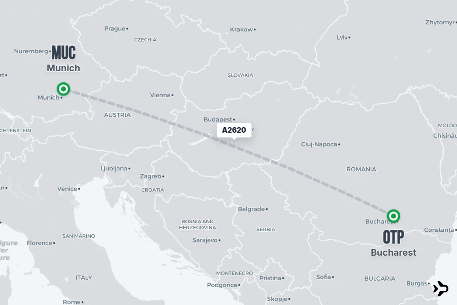 A2620 flight map from OTP to MUC