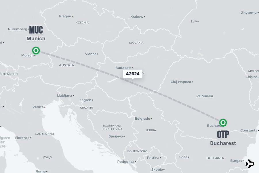 A2624 flight map from OTP to MUC