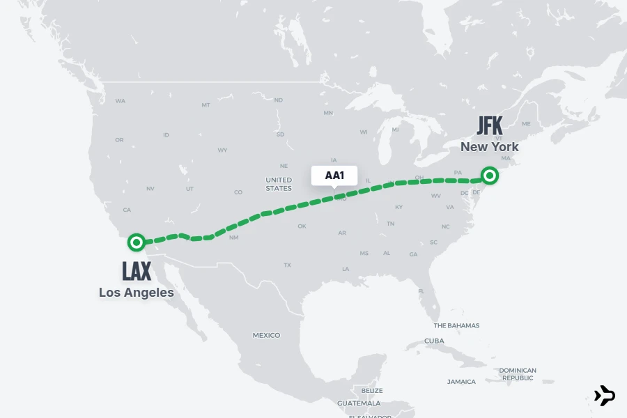 AA1 flight map from JFK to LAX