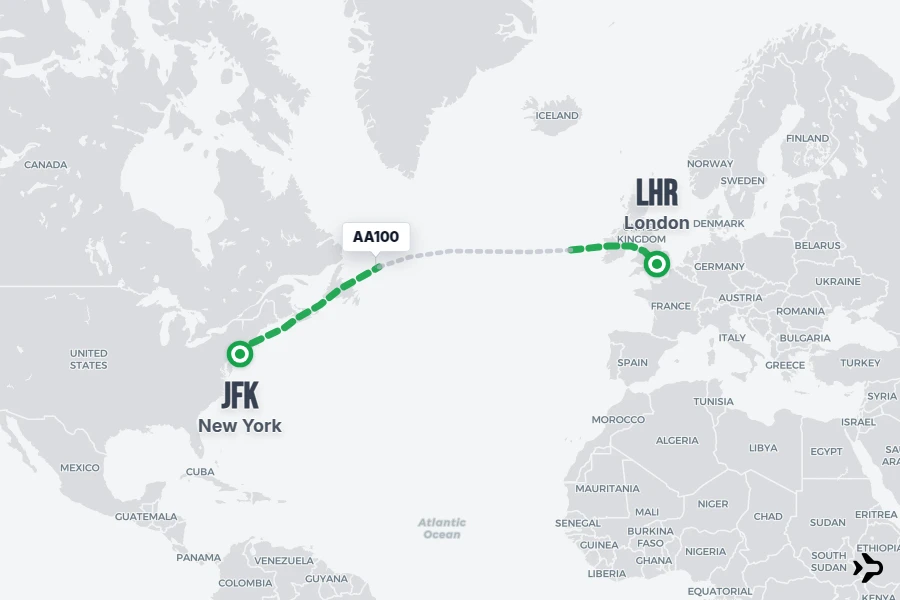AA100 flight map from JFK to LHR
