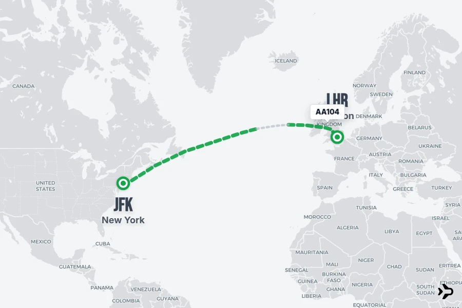 AA104 flight map from JFK to LHR