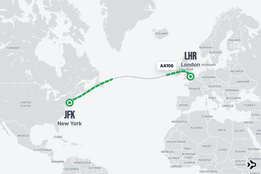 AA106 flight map from JFK to LHR