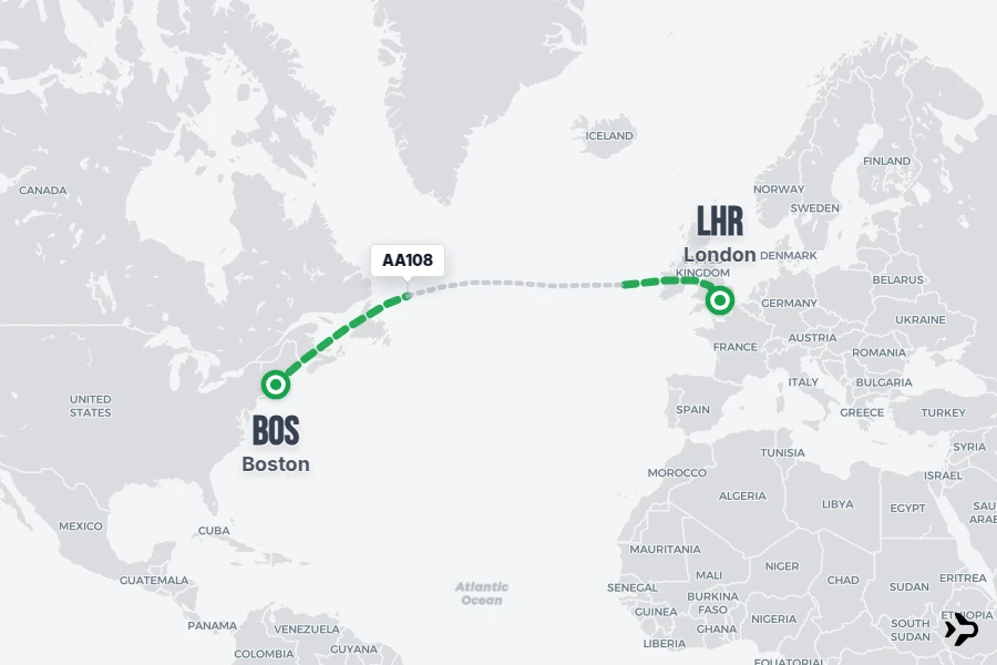 AA108 flight map from BOS to LHR