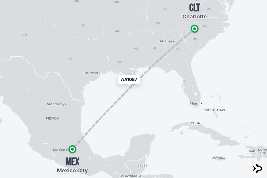 AA1087 flight map from CLT to MEX