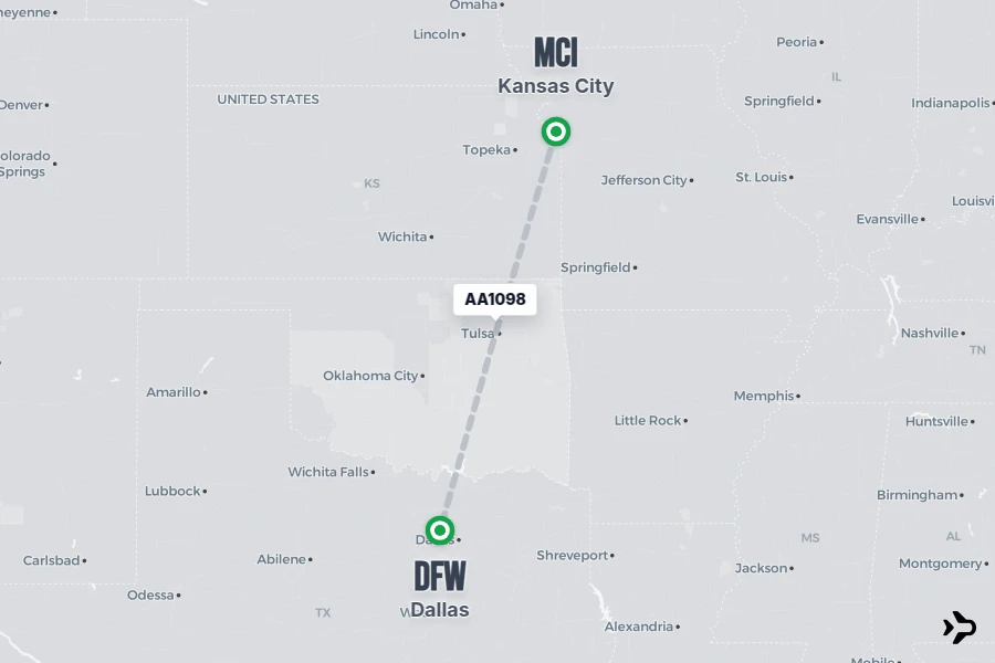 AA1098 flight map from MCI to DFW