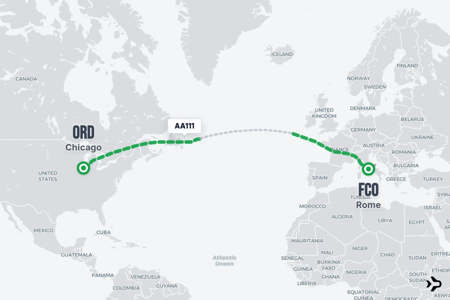 AA111 flight map from FCO to ORD