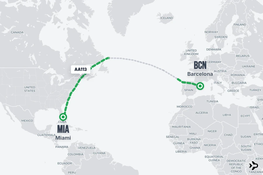 AA113 flight map from BCN to MIA