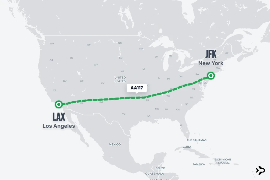 AA117 flight map from JFK to LAX