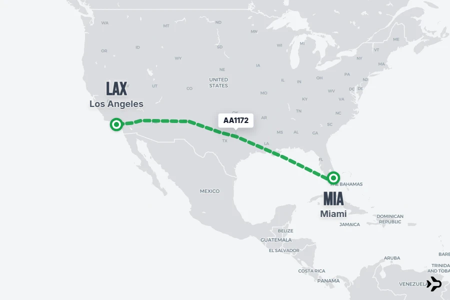 AA1172 flight map from MIA to LAX