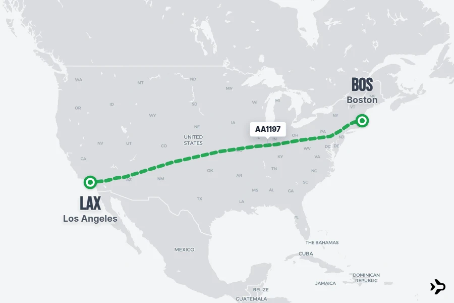 AA1197 flight map from BOS to LAX