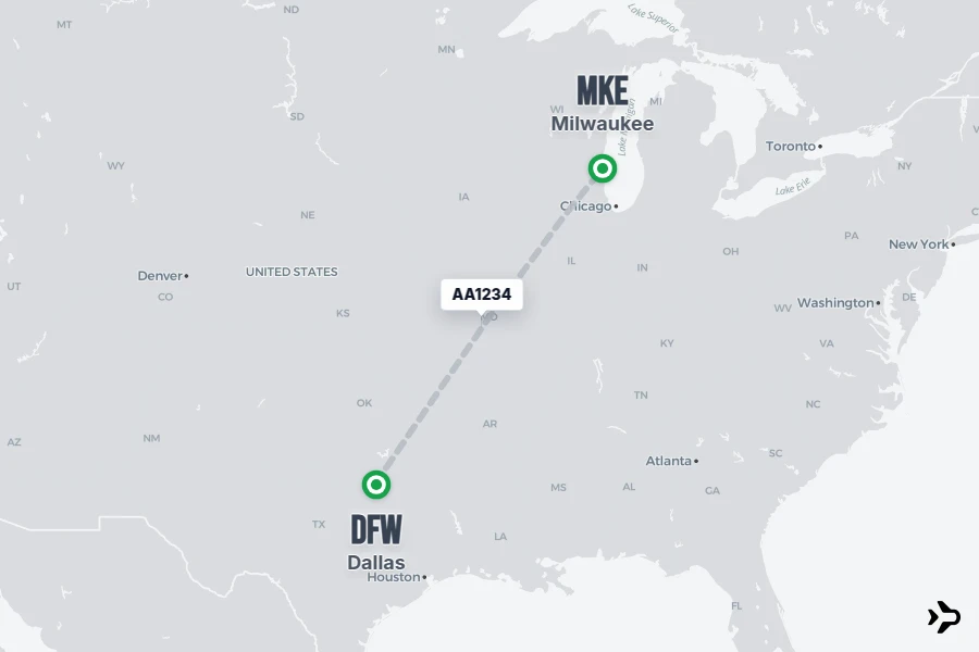 AA1234 flight map from DFW to MKE