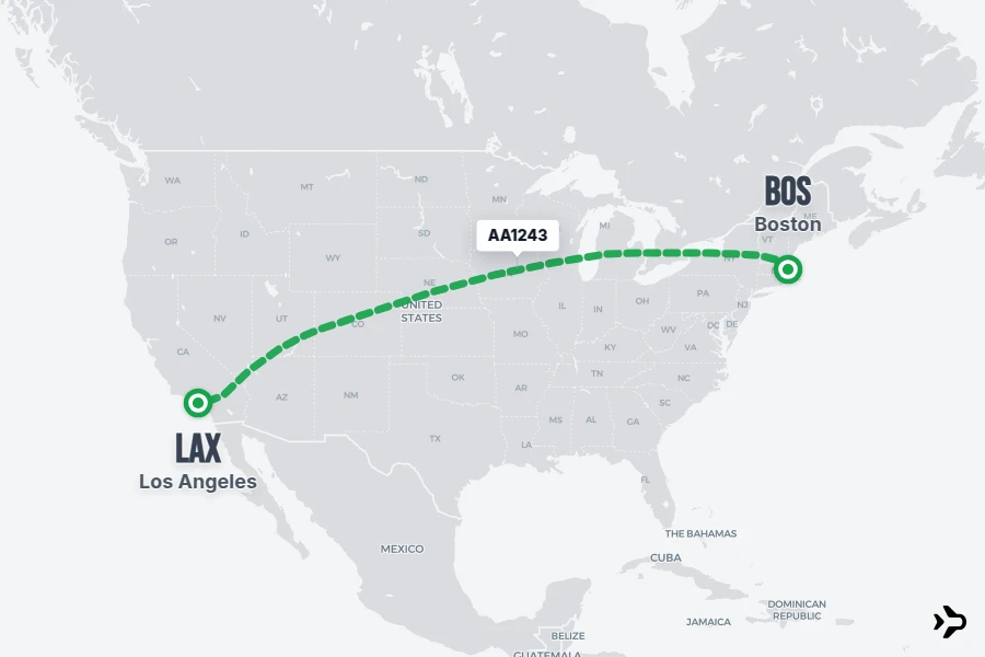 AA1243 flight map from BOS to LAX