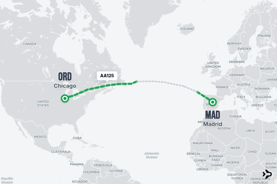 AA125 flight map from MAD to ORD