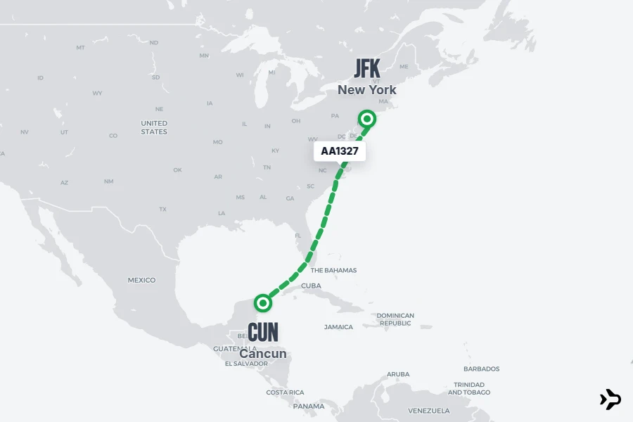 AA1327 flight map from JFK to CUN