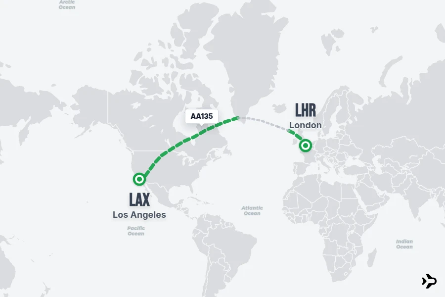 AA135 flight map from LHR to LAX