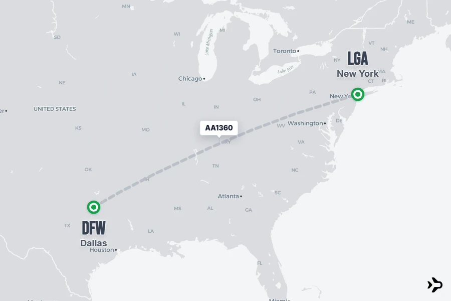 AA1360 flight map from DFW to LGA