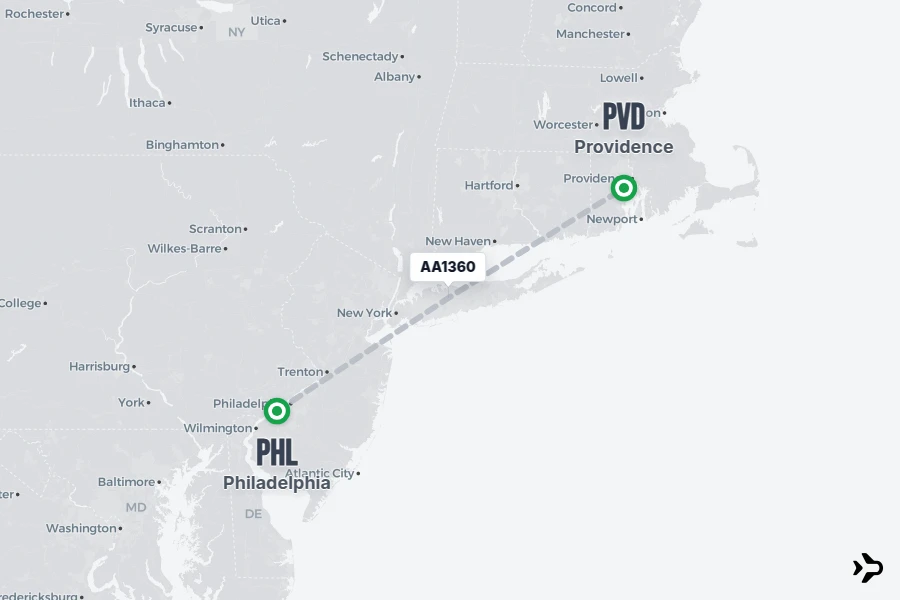 AA1360 flight map from PHL to PVD