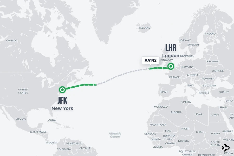 AA142 flight map from JFK to LHR