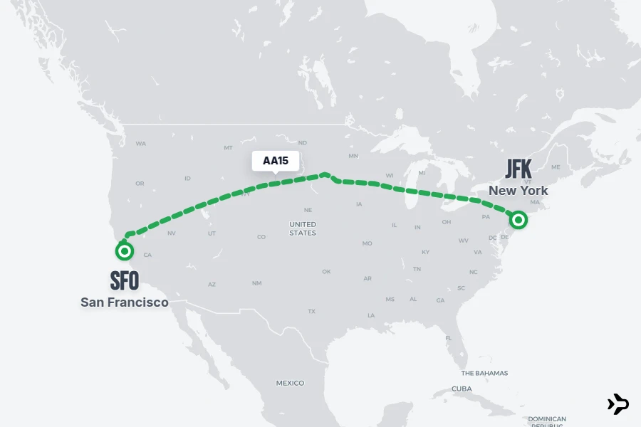 AA15 flight map from JFK to SFO