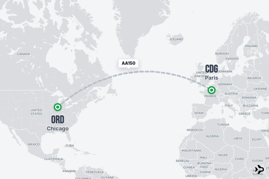 AA150 flight map from ORD to CDG