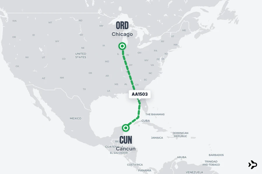 AA1503 flight map from ORD to CUN