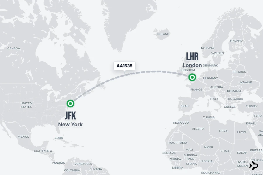 AA1535 flight map from JFK to LHR