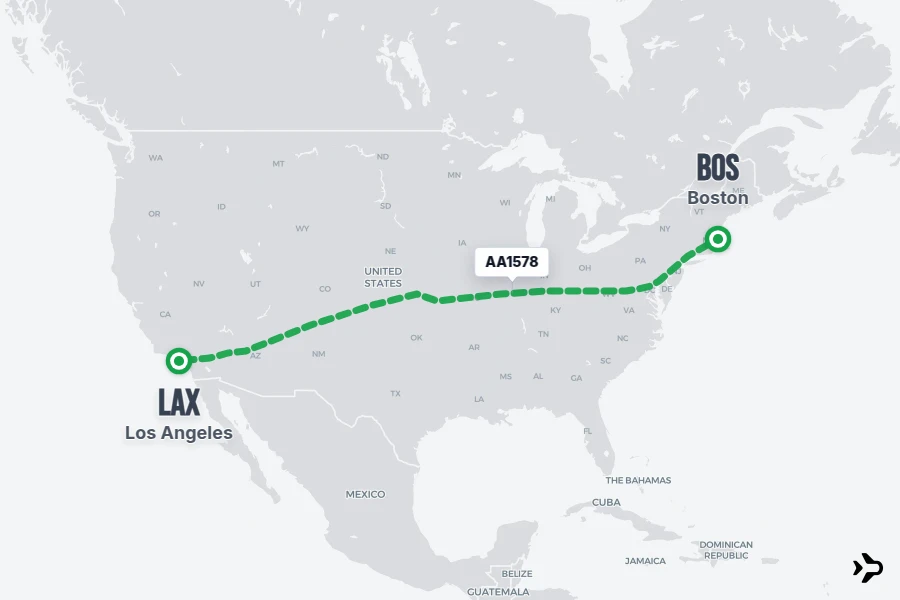 AA1578 flight map from BOS to LAX