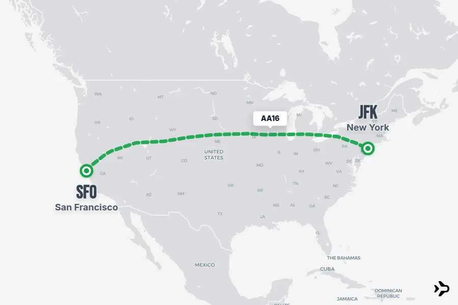 AA16 flight map from SFO to JFK