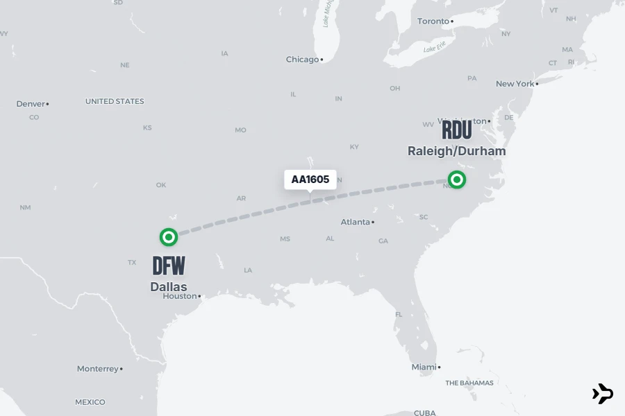 AA1605 flight map from DFW to RDU