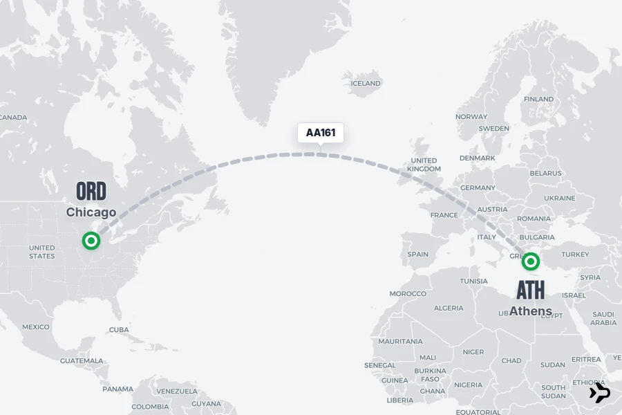 AA161 flight map from ATH to ORD