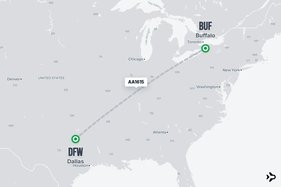 AA1615 flight map from DFW to BUF