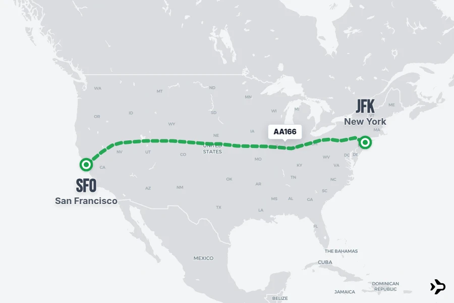 AA166 flight map from SFO to JFK