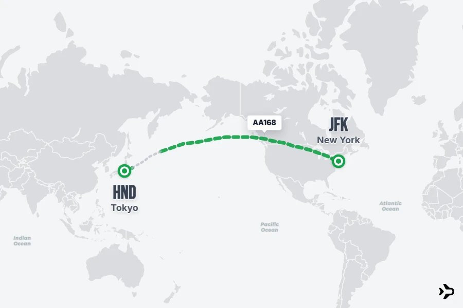AA168 flight map from HND to JFK
