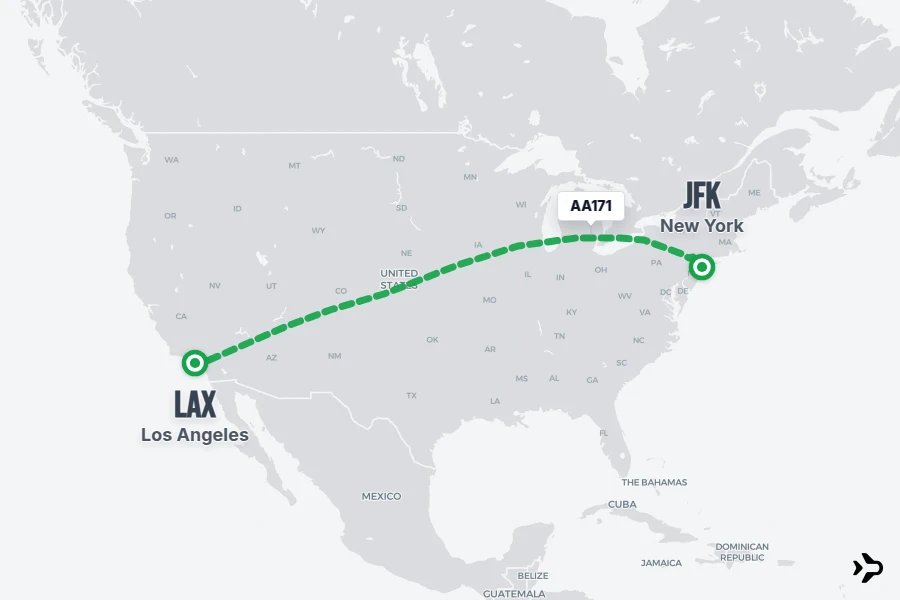 AA171 flight map from JFK to LAX