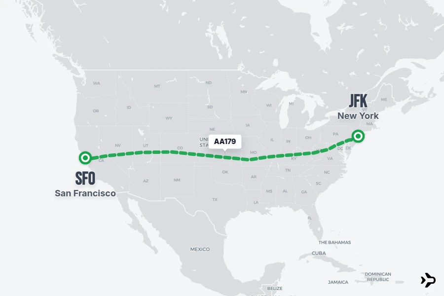 AA179 flight map from JFK to SFO