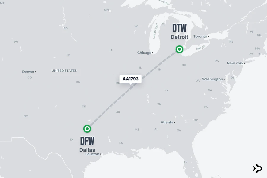 AA1793 flight map from DFW to DTW