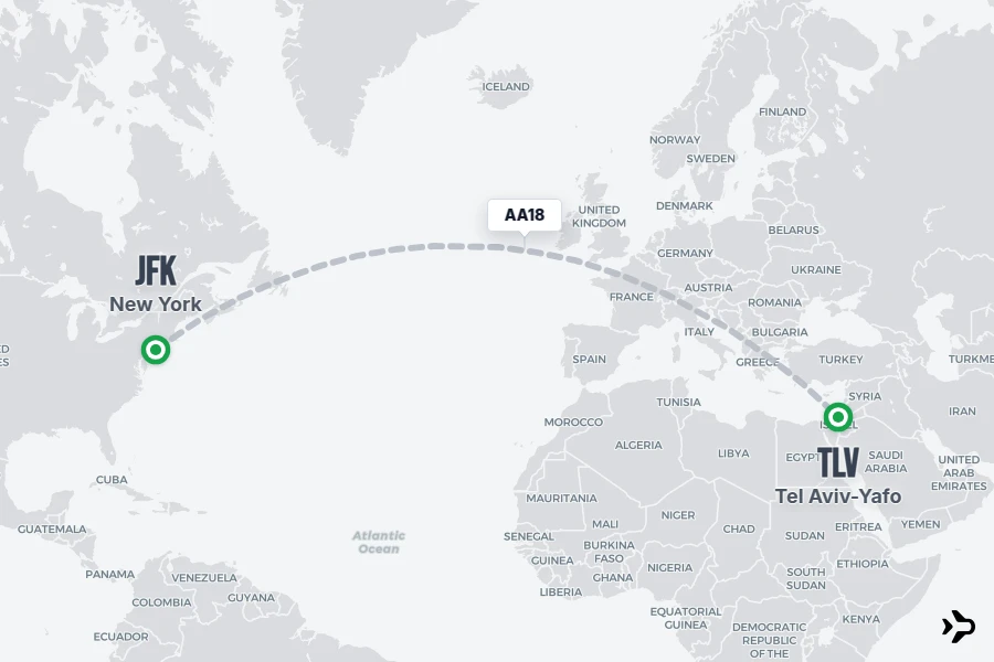 AA18 flight map from JFK to TLV
