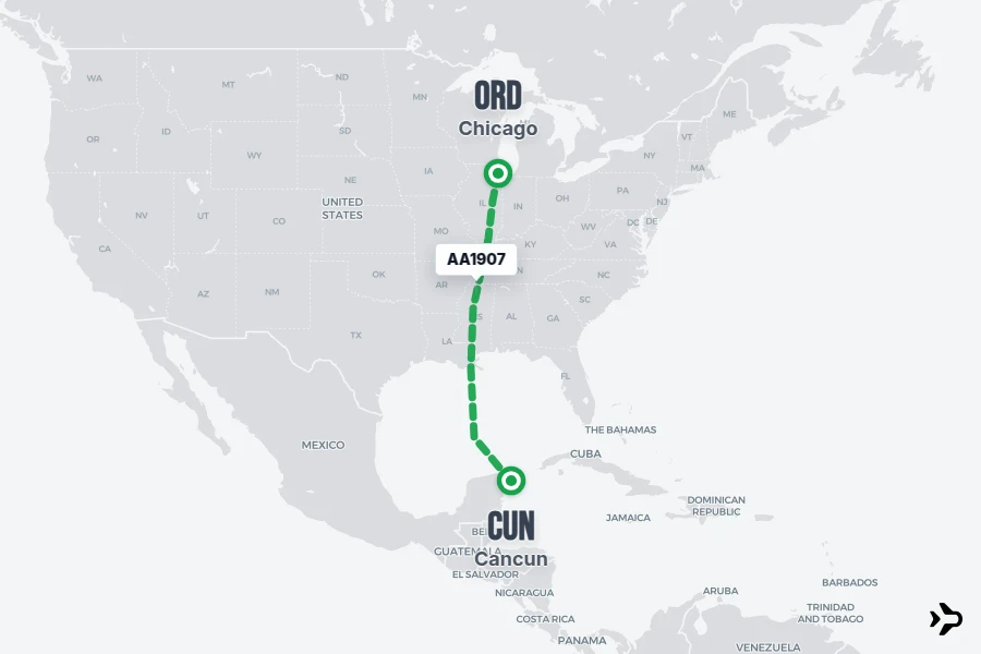 AA1907 flight map from ORD to CUN