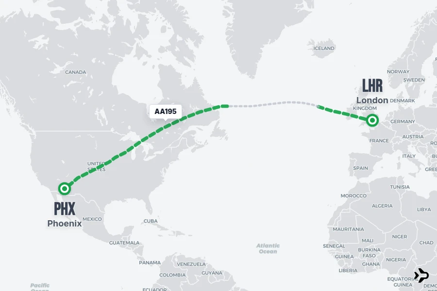 AA195 flight map from LHR to PHX