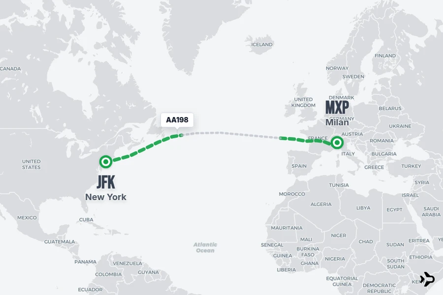 AA198 flight map from JFK to MXP