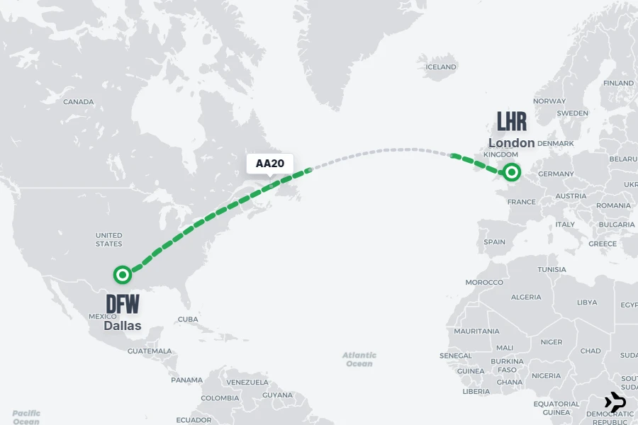 AA20 flight map from DFW to LHR