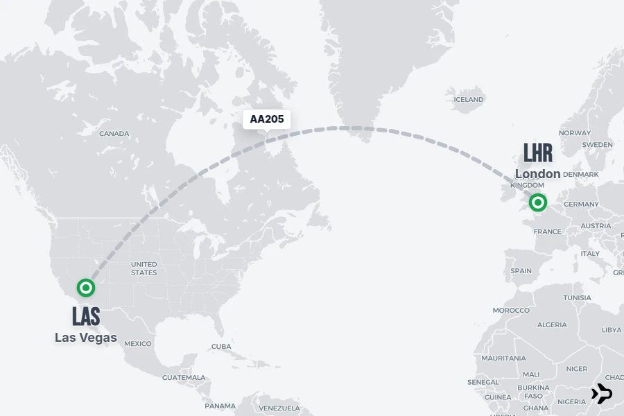 AA205 flight map from LAS to LHR