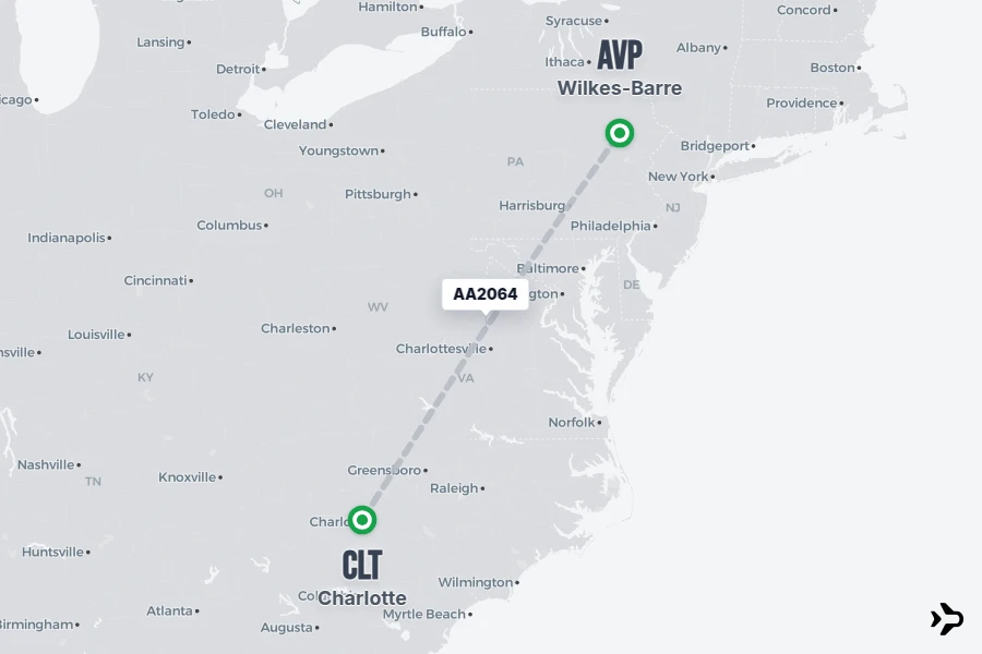 AA2064 flight map from CLT to AVP