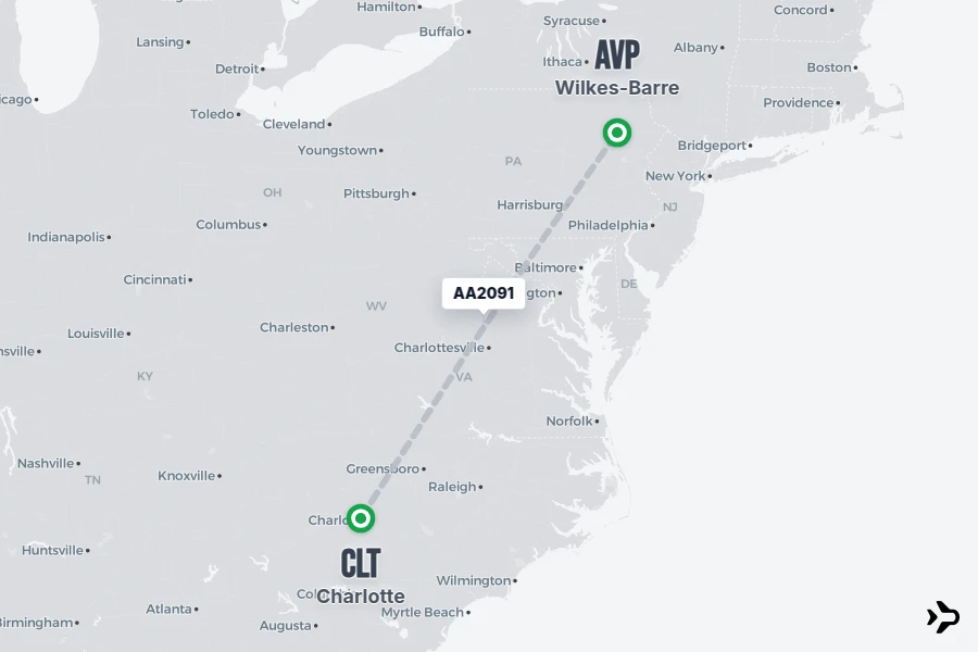 AA2091 flight map from CLT to AVP